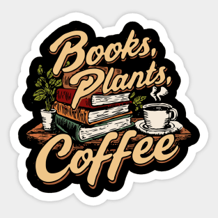 Books Plants Coffee, Funny Retro Sticker